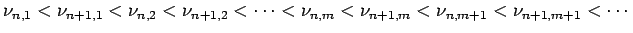 $\displaystyle \nu_{n,1}<\nu_{n+1,1}<\nu_{n,2}<\nu_{n+1,2}<\cdots
<\nu_{n,m}<\nu_{n+1,m}<\nu_{n,m+1}<\nu_{n+1,m+1}<\cdots
$