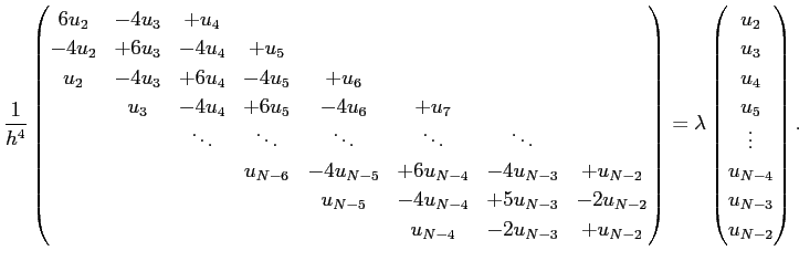 $\displaystyle \frac{1}{h^4}
\begin{pmatrix}
6u_2 & - 4u_3 & +u_4 \\
-4u_2 &...
...\ u_3 \\ u_4 \\ u_5 \\ \vdots \\ u_{N-4} \\ u_{N-3} \\ u_{N-2}
\end{pmatrix}.
$