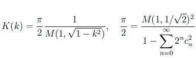 $\displaystyle K(k)=\frac{\pi}{2}\frac{1}{M(1,\sqrt{1-k^2})},\quad
\frac{\pi}{2}=\frac{M(1,1/\sqrt{2})^2}{1-\dsp\sum_{n=0}^\infty 2^n c_n^2}
$