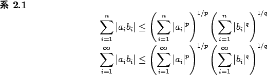 \begin{jcorollary}\upshape
\begin{displaymath}
\sum_{i=1}^n \vert a_i b_i\vert\...
...\sum_{i=1}^\infty\vert b_i\vert^q\right)^{1/q}
\end{displaymath}\end{jcorollary}