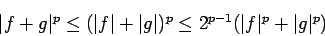 \begin{displaymath}
\vert f+g\vert^p\le (\vert f\vert+\vert g\vert)^p\le 2^{p-1}(\vert f\vert^p+\vert g\vert^p)
\end{displaymath}