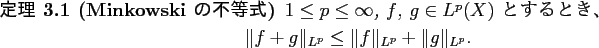 \begin{jtheorem}[Minkowski の不等式]
$1\le p\le \infty$, $f$, $g\in L^p(X)$...
...L^p}\le \Vert f\Vert _{L^p}+\Vert g\Vert _{L^p}.
\end{displaymath}\end{jtheorem}