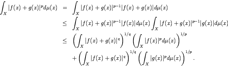 \begin{eqnarray*}
\int_{X}\vert f(x)+g(x)\vert^p\D\mu(x)
&=& \int_{X}\vert f(x...
...ht)^{1/q}
\left(\int_{X}\vert g(x)\vert^p\D\mu(x)\right)^{1/p}.
\end{eqnarray*}