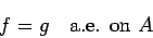 \begin{displaymath}
f=g\quad\mbox{a.e. on $A$}
\end{displaymath}