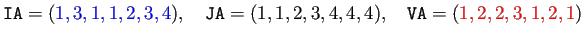 $\displaystyle \texttt{IA}=(\textcolor{blue}{1,3,1,1,2,3,4}),\quad
\texttt{JA}=(1,1,2,3,4,4,4),\quad
\texttt{VA}=(\textcolor{red}{1,2,2,3,1,2,1})
$