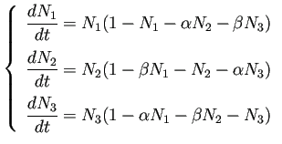 $\displaystyle \left\{ \begin{array}{ll} \dfrac{\D N_1}{\D t}=N_1(1-N_1-\alpha N...
...[2ex] \dfrac{\D N_3}{\D t}=N_3(1-\alpha N_1-\beta N_2- N_3) \end{array} \right.$