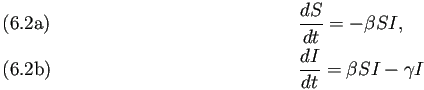 \begin{subequations}% 2022-02-21 16:28の式群
\begin{align}&\frac{\D S}{\D t}=-\beta S I,\\ &\frac{\D I}{\D t}=\beta S I-\gamma I\end{align}\end{subequations}