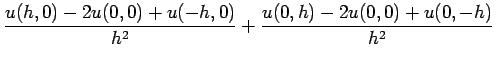 $\displaystyle \frac{u(h,0)-2u(0,0)+u(-h,0)}{h^2}
+\frac{u(0,h)-2u(0,0)+u(0,-h)}{h^2}$