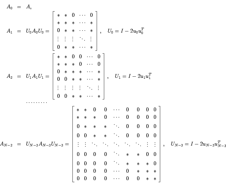 \begin{eqnarray*}
A_0 &=& A, \\
A_1&=&U_0 A_0 U_0 =
\left[
\begin{array}{llll...
...t
\end{array} \right], \quad
U_{N-3} = I - 2 u_{N-3} u_{N-3}^T
\end{eqnarray*}