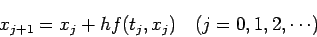 \begin{displaymath}
x_{j+1}=x_j+h f(t_j,x_j) \quad\mbox{($j=0,1,2,\cdots$)}
\end{displaymath}