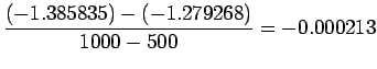 $ \dsp\frac{(-1.385835)-(-1.279268)}{1000 - 500}=-0.000213$