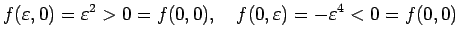 $\displaystyle f(\eps,0)=\eps^2>0=f(0,0),\quad
f(0,\eps)=-\eps^4<0=f(0,0)
$