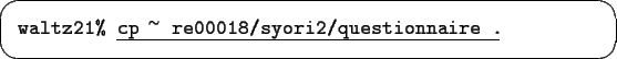 \begin{screen}{\tt waltz21\% }\underline{\tt cp ${}^\sim$ re00018/syori2/questionnaire .}
\end{screen}