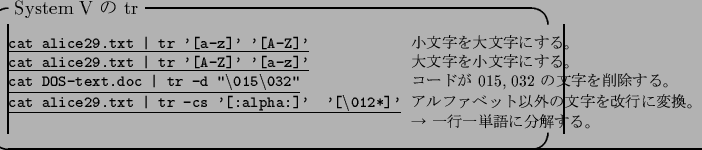 \begin{itembox}[l]{System V $B$N(B tr}\footnotesize\begin{tabbing}
xxxxxxxxxxxxxxxxx...
...$BNJ8;z$r2~9T$KJQ49!(B\\
\> $B