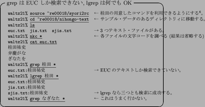 \begin{itembox}[l]{grep $B$O(B EUC $B$7$+8!:w$G$-$J$$(B, lgrep $B$O2?$G$b(B OK}
\footnotesiz...
...ine{\tt grep $B$J$.$J$?(B *}
& $B