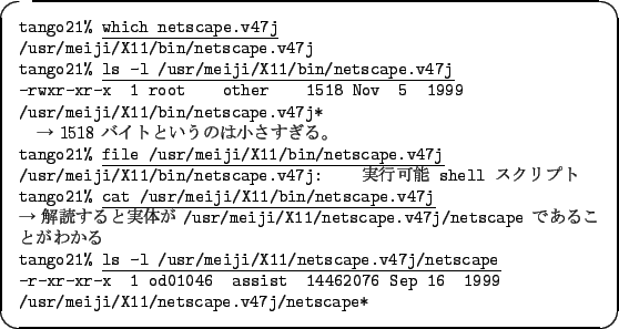 \begin{itembox}[l]{}\footnotesize {\tt tango21\% }\underline{\tt which netscape....
... 14462076 Sep 16\quad 1999 /usr/meiji/X11/netscape.v47j/netscape*}
\end{itembox}