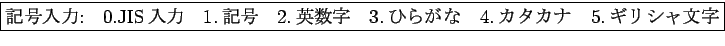 \framebox {$B5-9fF~NO(B:\quad 0.JIS$BF~NO(B\quad 1.$B5-9f(B\quad 2.$B1Q?t;z(B
\quad 3.$B$R$i$,$J(B\quad 4.$B%+%?%+%J(B\quad 5.$B%.%j%7%cJ8;z(B}