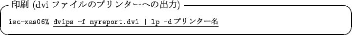 \begin{itembox}[l]{$B0u:~(B (dvi $B%U%!%$%k$N%W%j%s%?!<$X$N=PNO(B)}\footnotesize\texttt{...
...\underline{\texttt{dvips -f myreport.dvi \vert lp -d$B%W%j%s%?!<L>(B}}
\end{itembox}