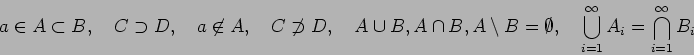 \begin{displaymath}
a\in A\subset B,\quad
C\supset D,\quad
a\not\in A,\quad
...
...tyset,\quad
\bigcup_{i=1}^\infty A_i=\bigcap_{i=1}^\infty B_i
\end{displaymath}