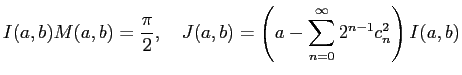 $\displaystyle I(a,b)M(a,b)=\frac{\pi}{2},\quad
J(a,b)=\left(a-\sum_{n=0}^\infty 2^{n-1}c_n^2\right)I(a,b)
$